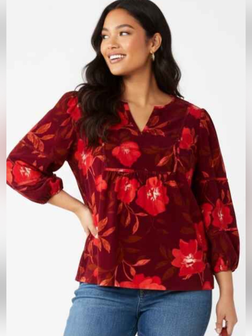 NEW-Sonoma Red Floral Corduroy Peasant Blouse, Notch-neck 3/4 Full Sleeves Sz MP